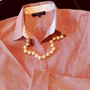 Lafayette 148 Red Striped Cotton High Collar Shirt Classic Styling